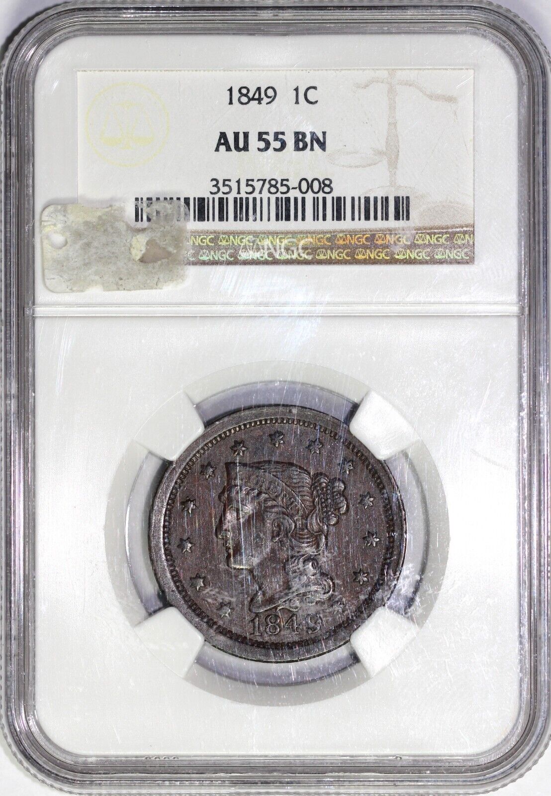 1849 1c N-23 Braided Hair Large Cent NGC AU 55