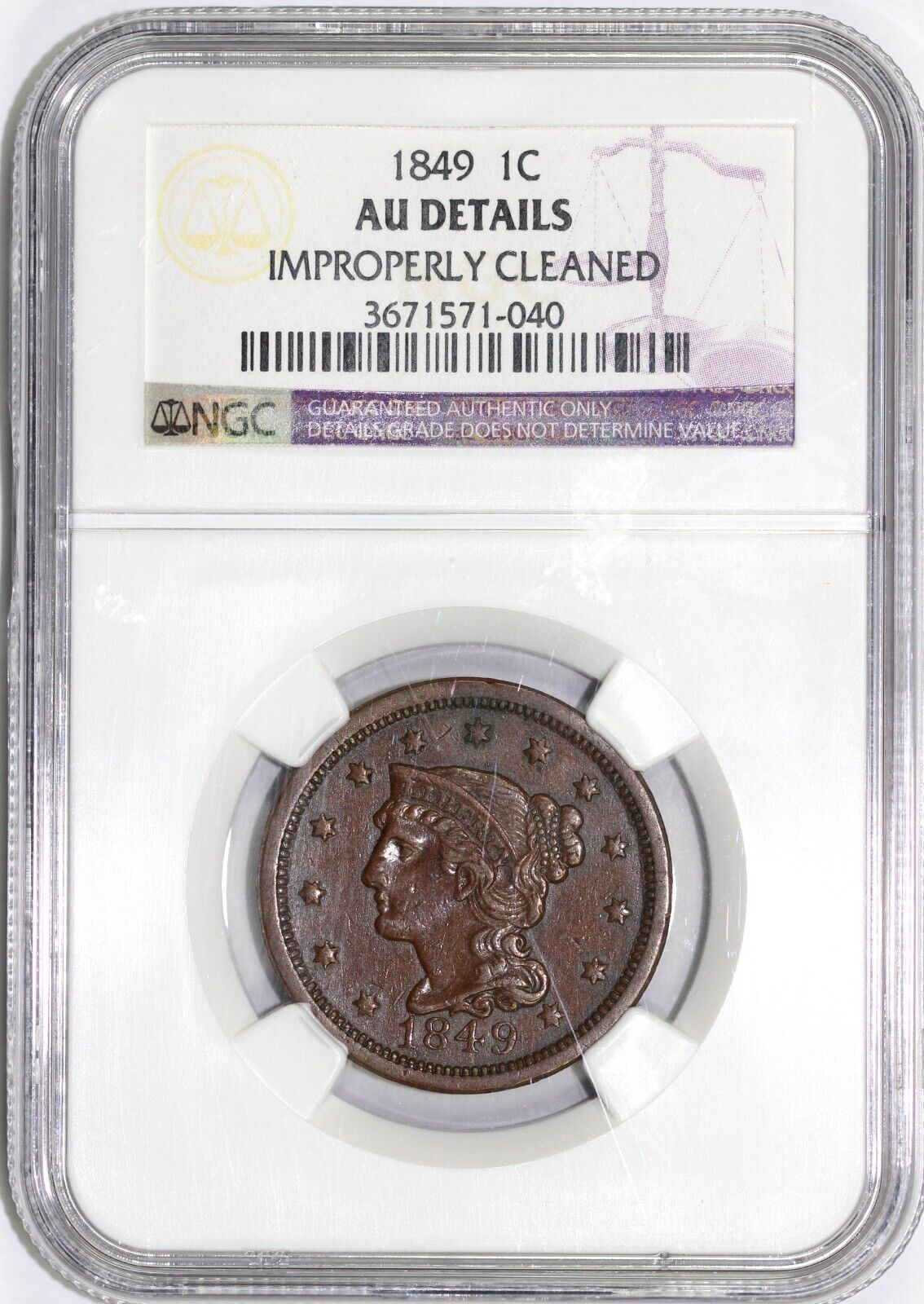 1849 1c N-9 Braided Hair Large Cent NGC AU Details Improperly Cleaned