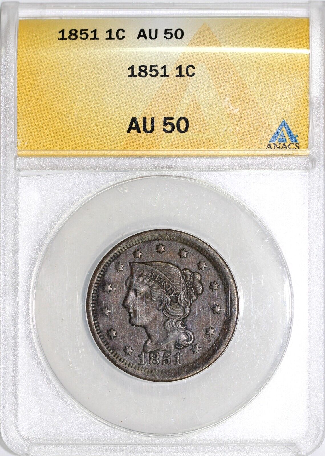 1851 1c N-14 Braided Hair Large Cent ANACS AU 50