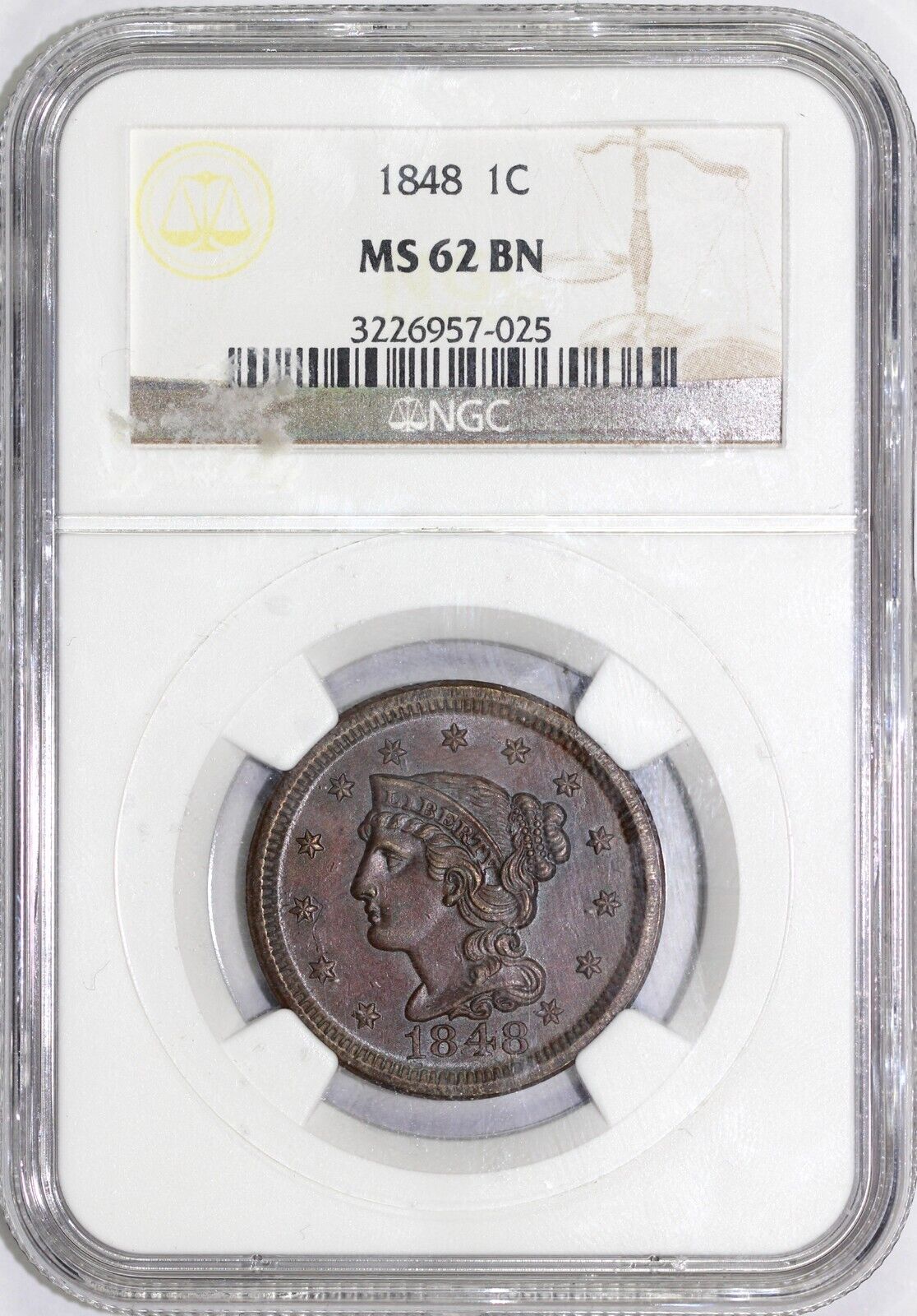 1848 1c N-24 Braided Hair Large Cent NGC MS 62