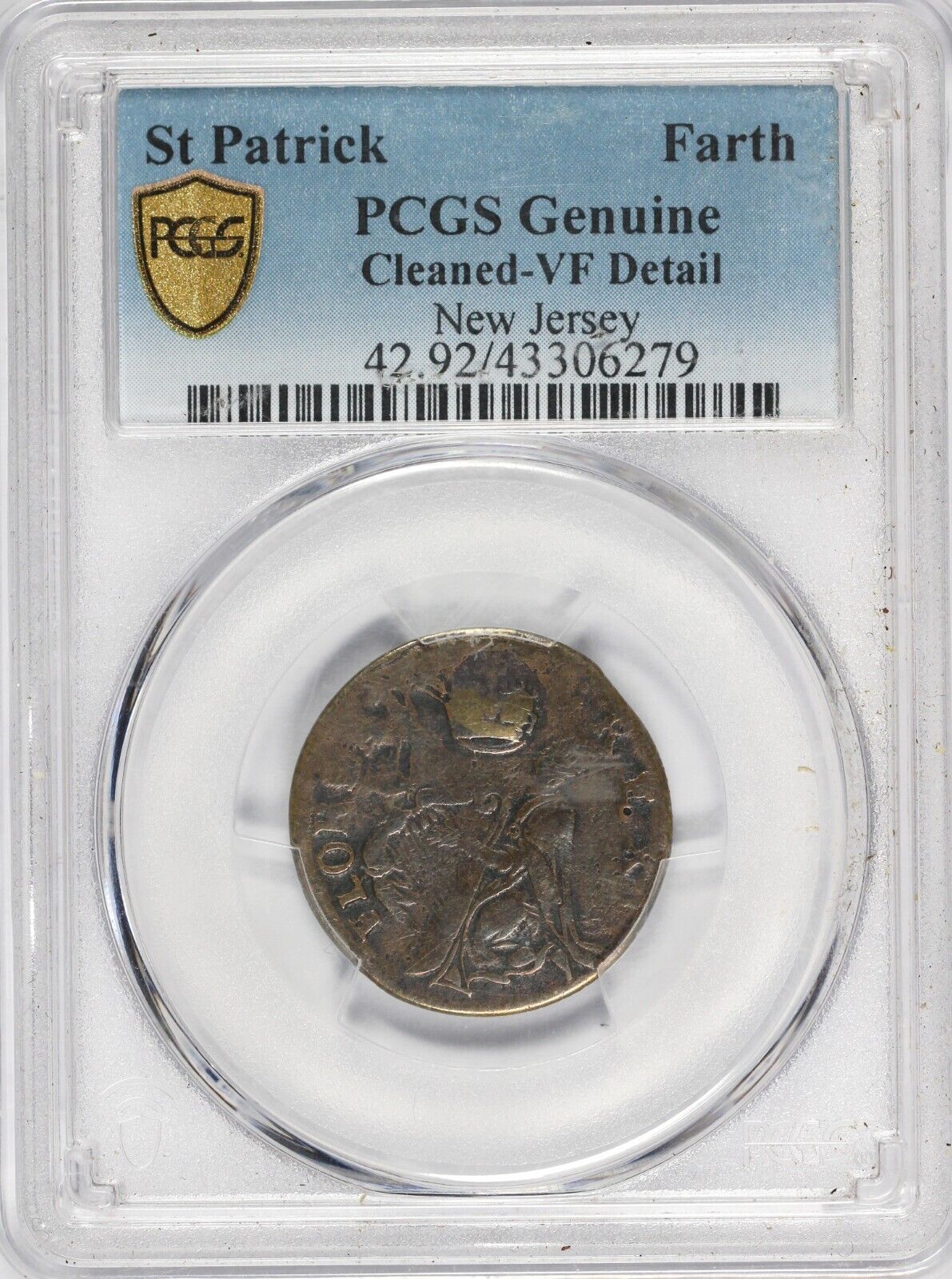 1670 1/4p New Jersey St. Patrick Colonial PCGS VF Details Cleaned