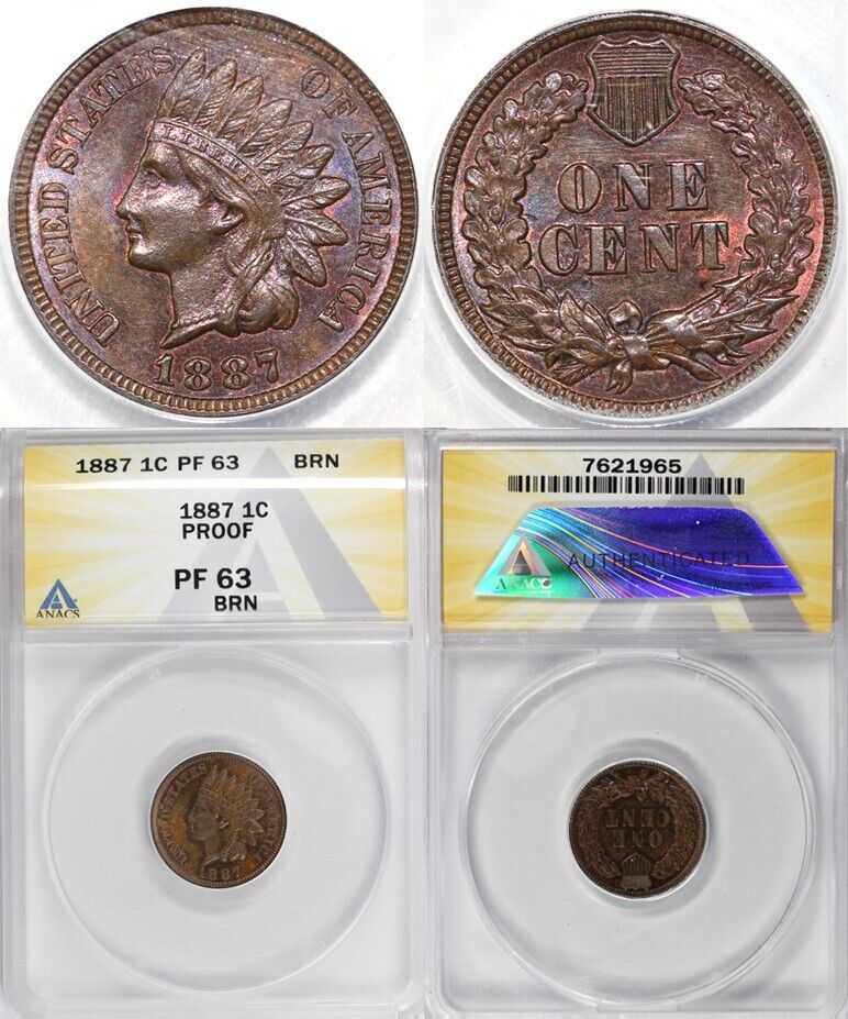 1887 1c Proof Indian Head Cent ANACS PR 63 BN