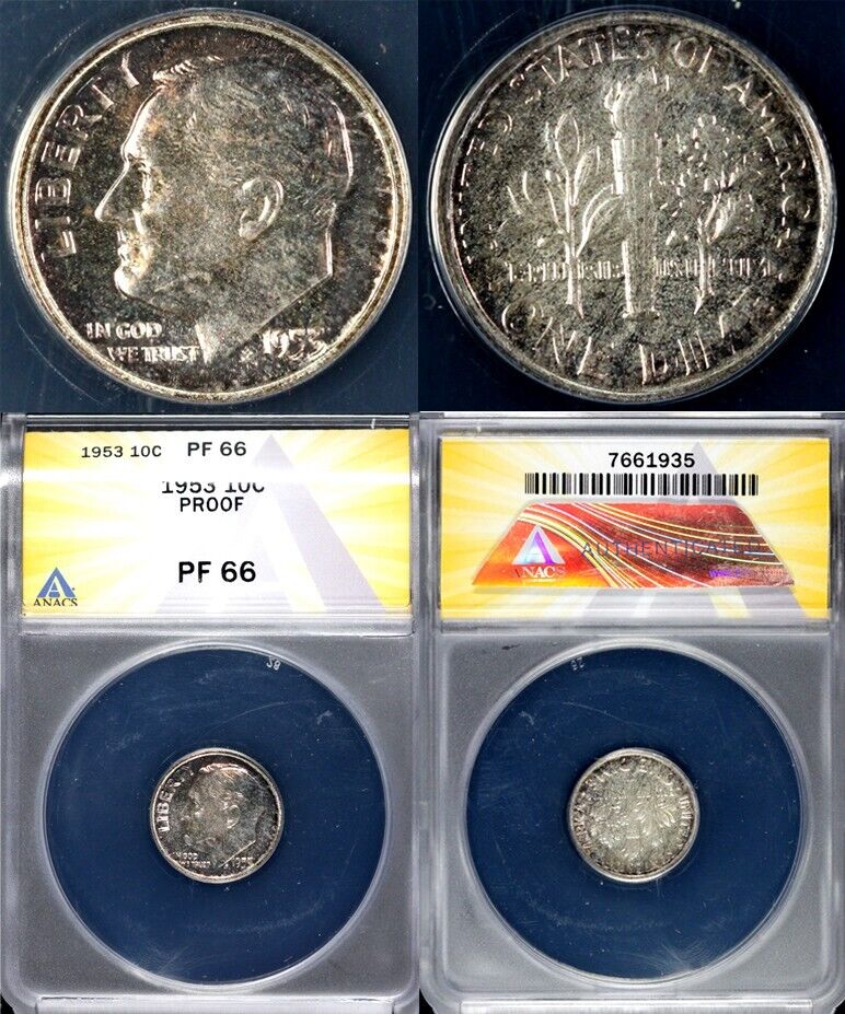 1953 10c Proof Roosevelt Dime ANACS PF 66