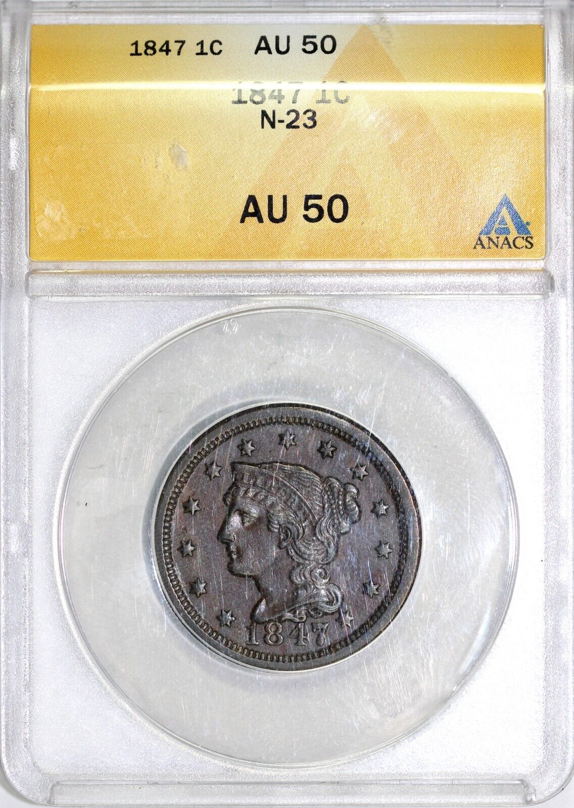 1847 1c N-23 Braided Hair Large Cent ANACS AU 50