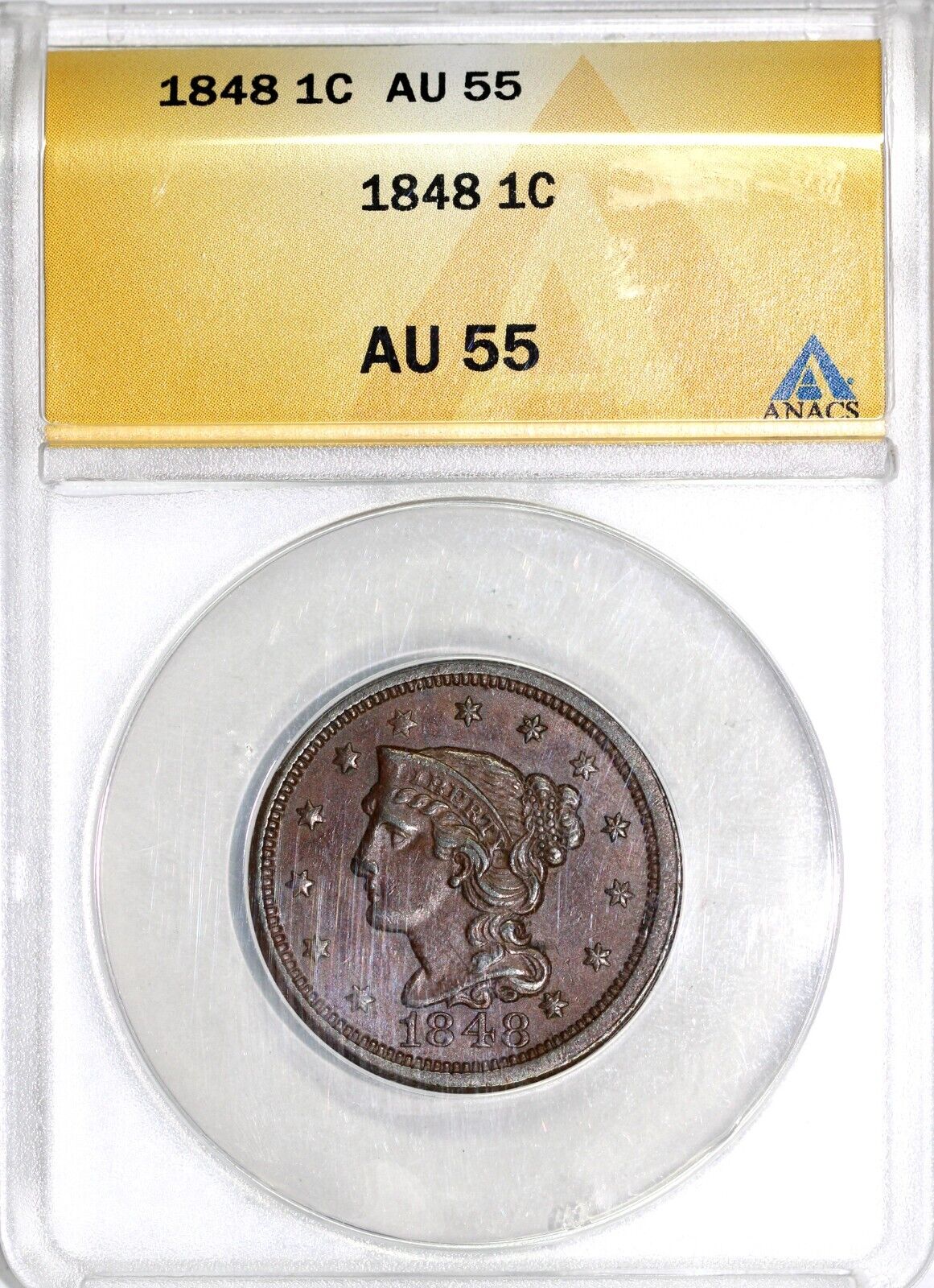 1848 1c N-6 Braided Hair Large Cent ANACS AU 55