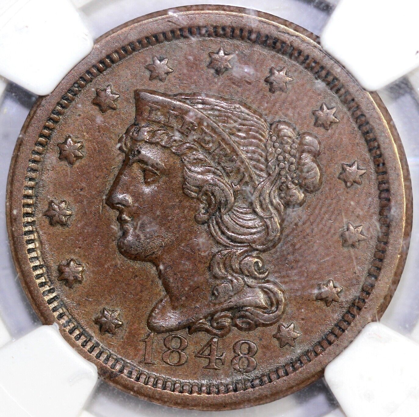 1848 1c N-25 Braided Hair Large Cent NGC AU 58