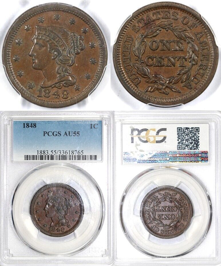 1848 1c N-13 Braided Hair Large Cent PCGS AU 55