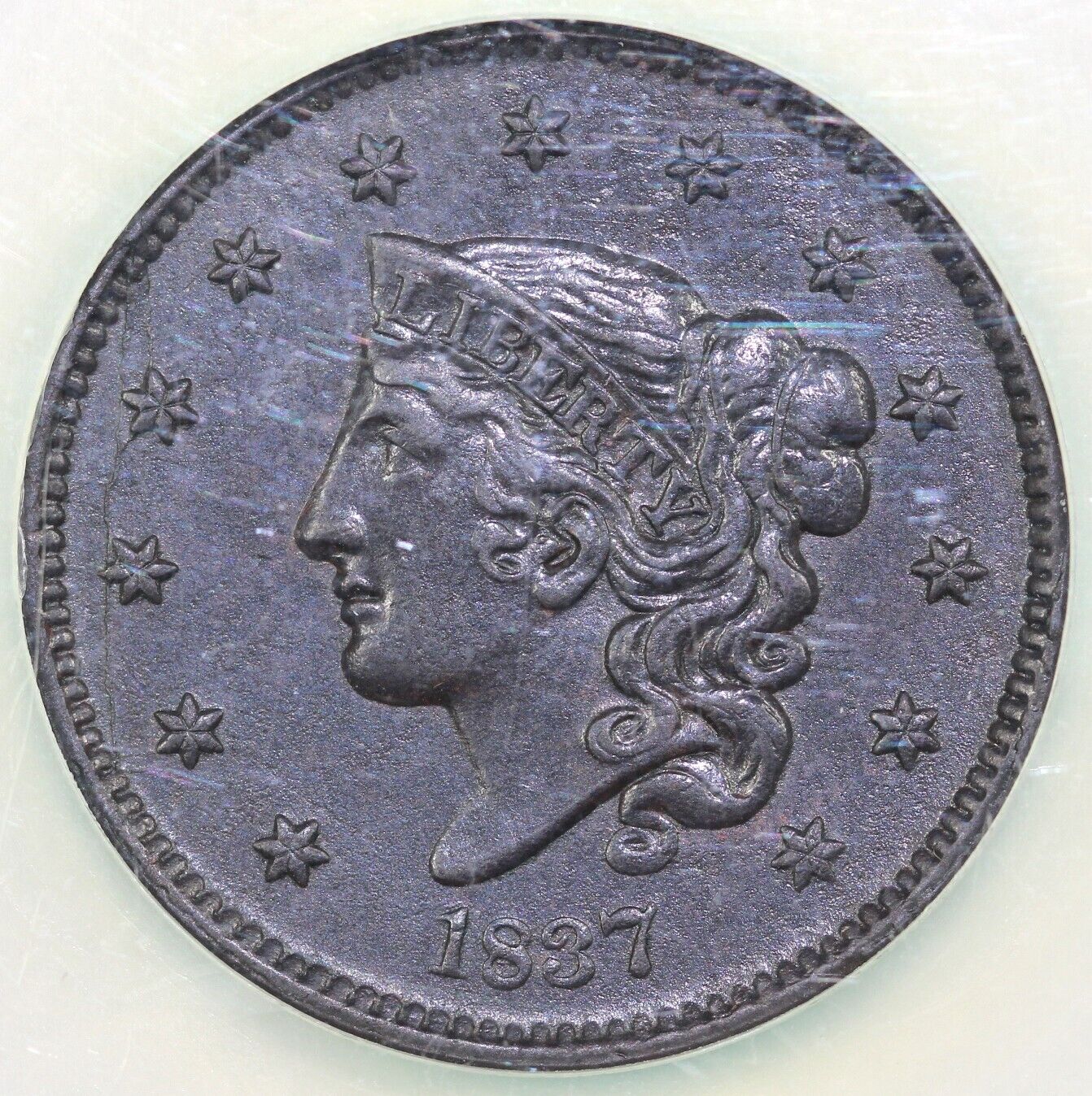 1837 1c N-2 Medium Letters Matron Head Large Cent NGC AU Details EX: Reiver