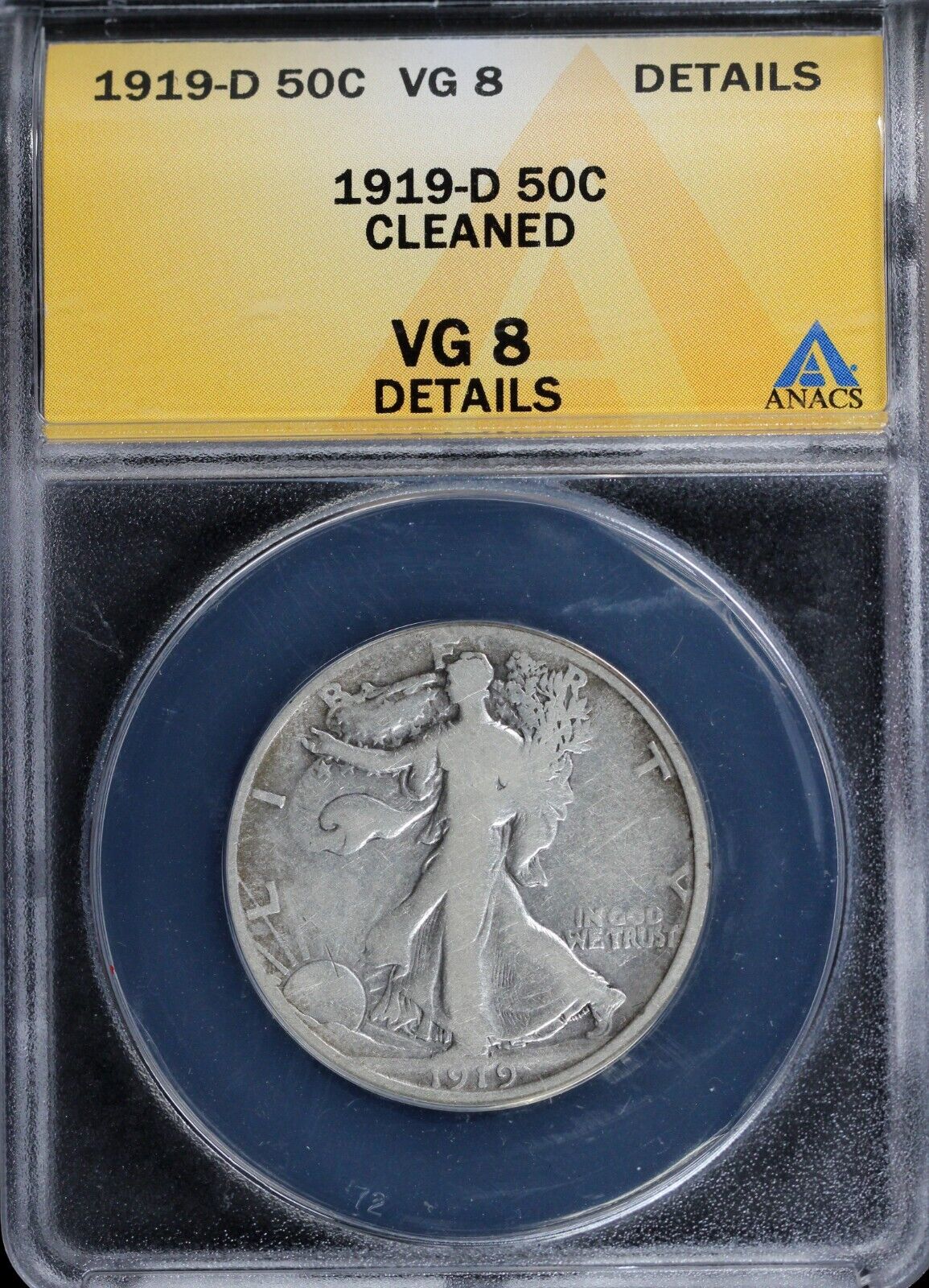 1919-D 50c Walking Liberty Half Dollar ANACS VG Details Cleaned