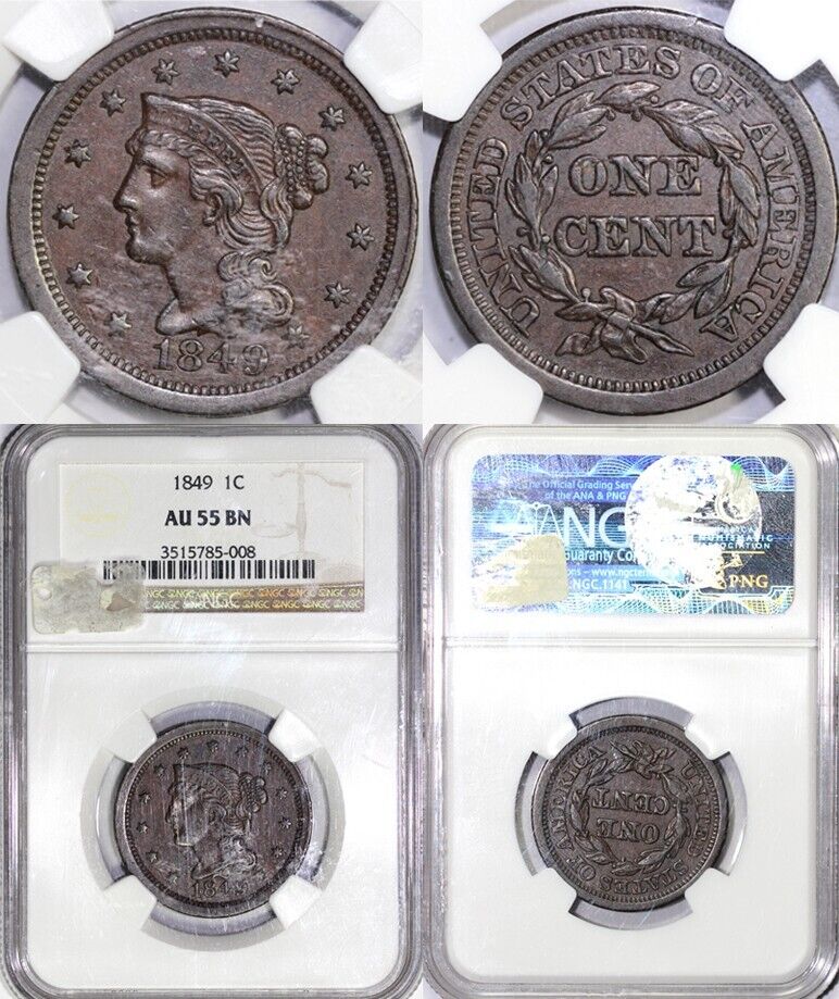 1849 1c N-23 Braided Hair Large Cent NGC AU 55