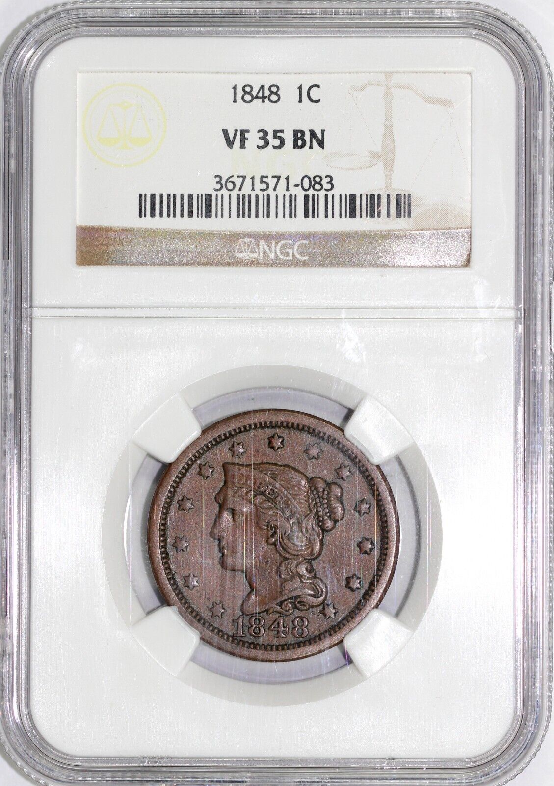 1848 1c N-5 Braided Hair Large Cent NGC VF 35