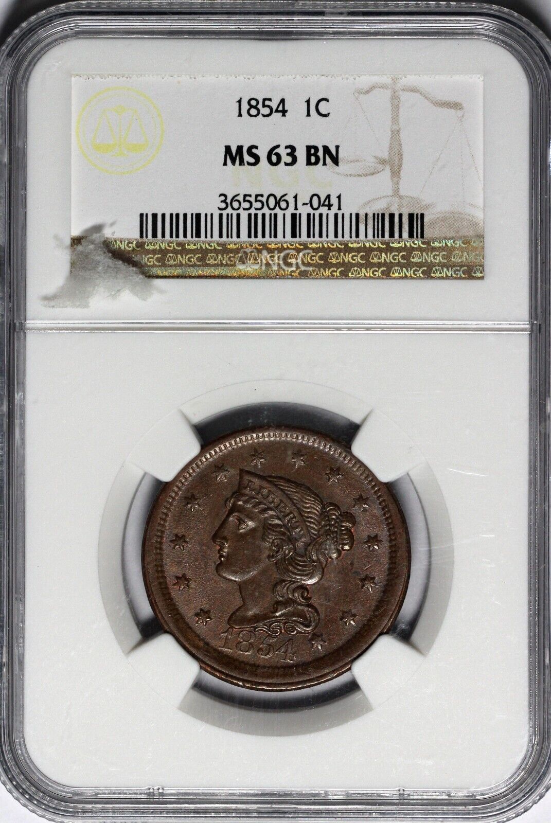 1854 1c N-11 Braided Hair Large Cent NGC MS 63 BN