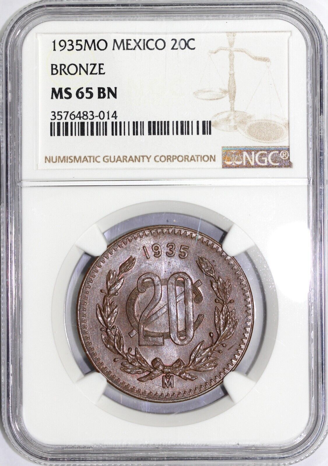 1935 20c Mexico Twenty Centavos NGC MS 65 BN