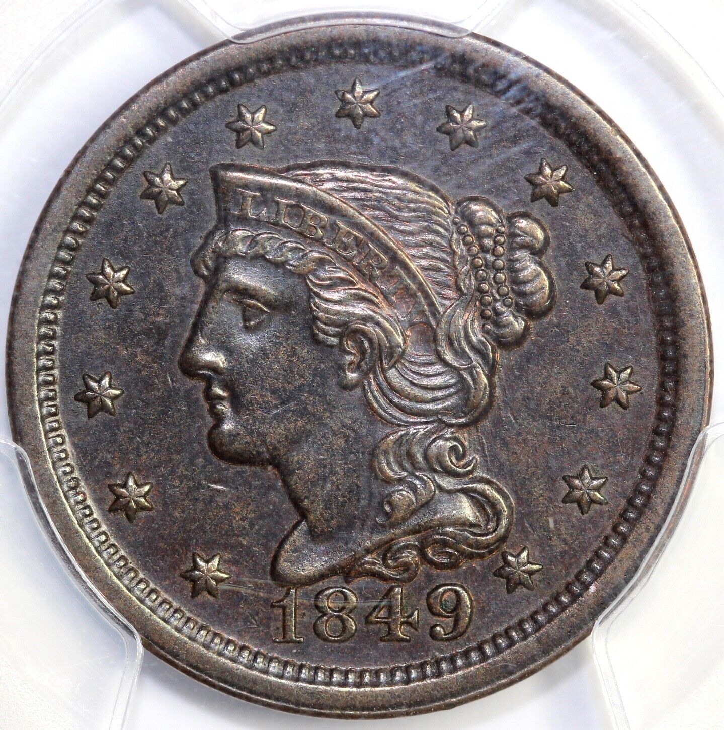 1849 1c Braided Hair Large Cent PCGS AU 58