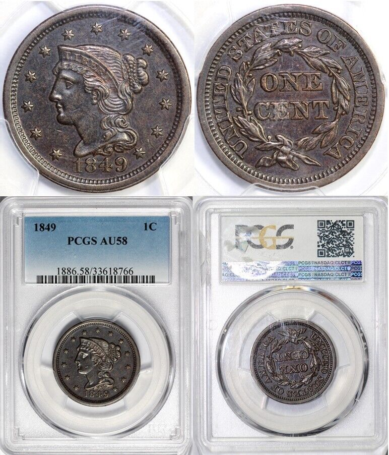 1849 1c Braided Hair Large Cent PCGS AU 58