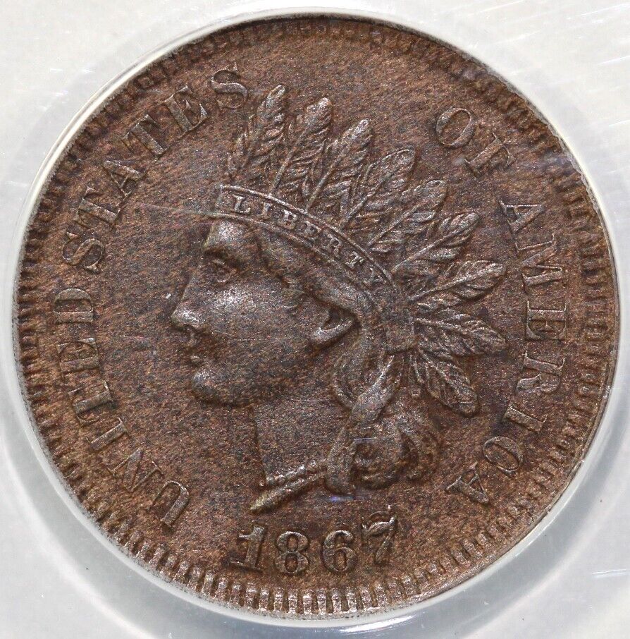 1867/67 1c FS-301 Snow-1 Indian Head Cent ANACS AU 55