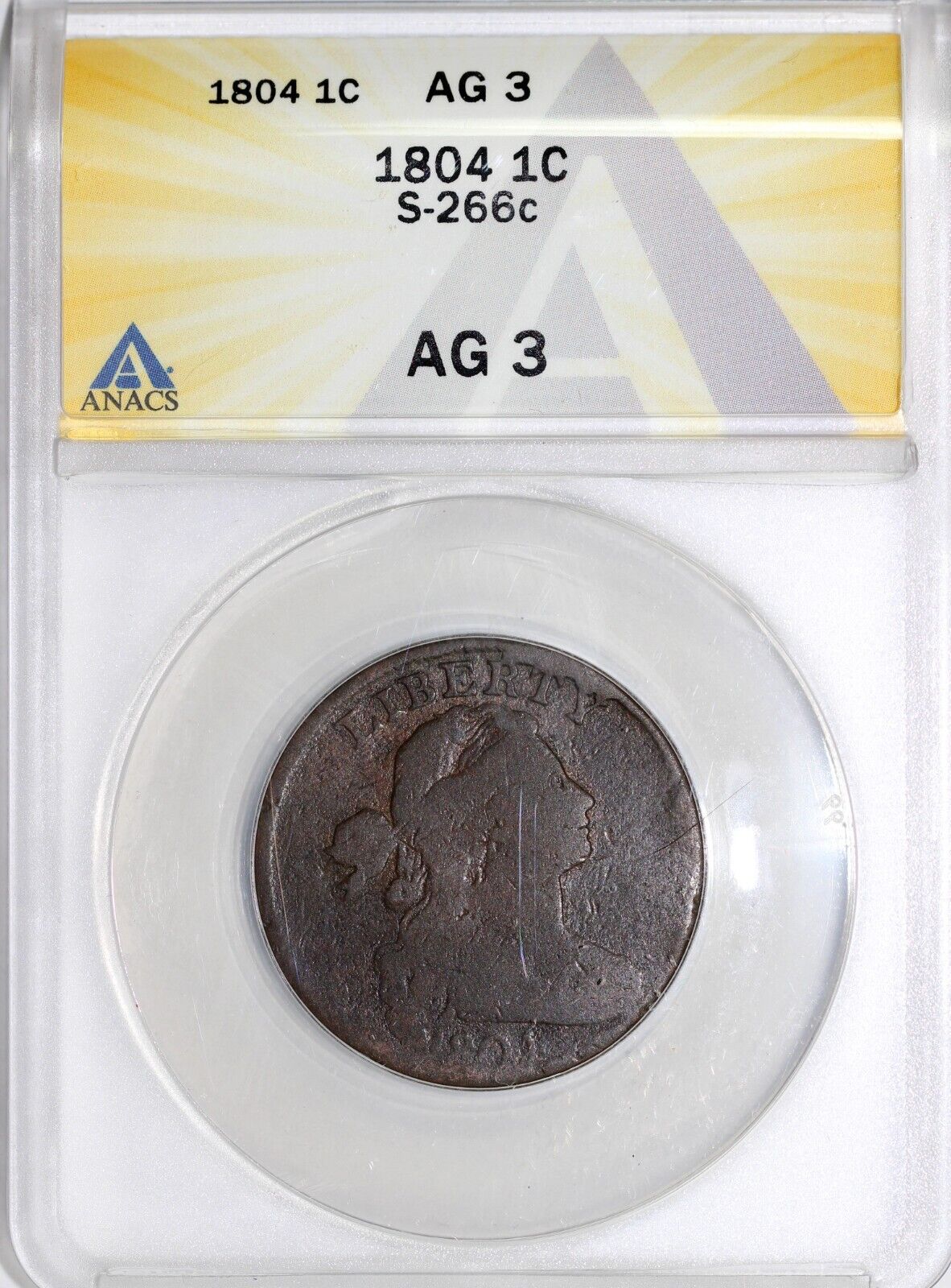 1804 1c S-266c Draped Bust Large Cent ANACS AG 3