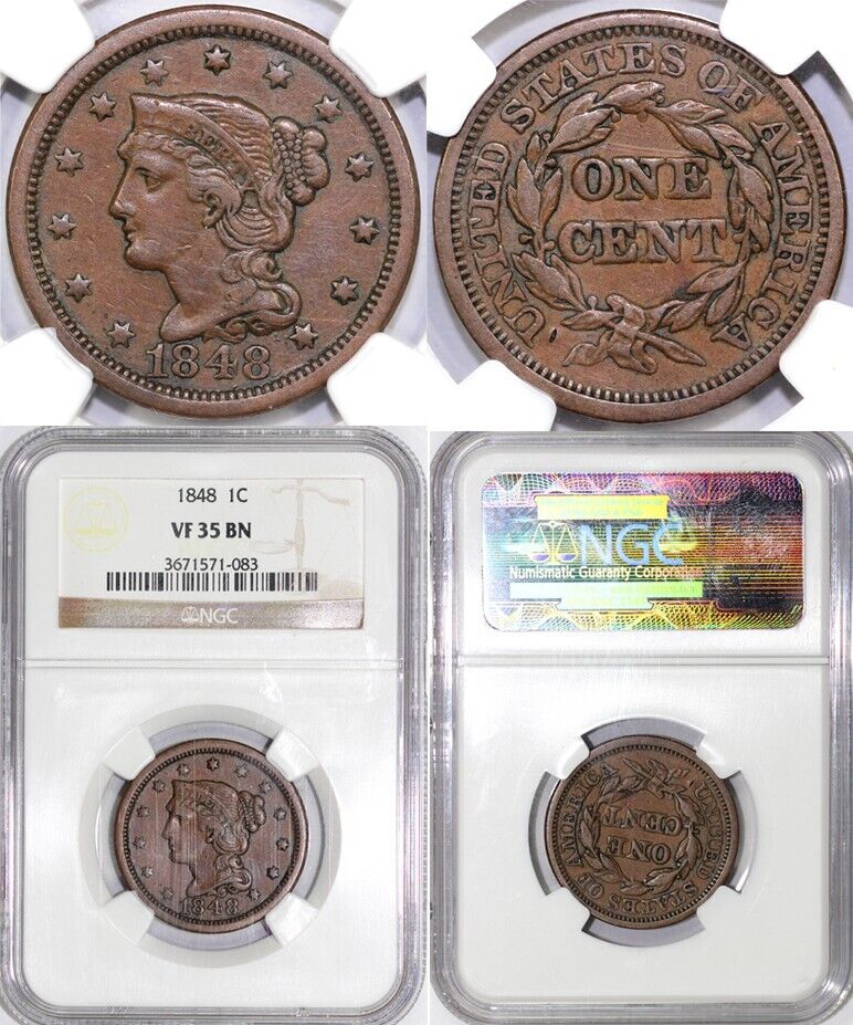 1848 1c N-5 Braided Hair Large Cent NGC VF 35
