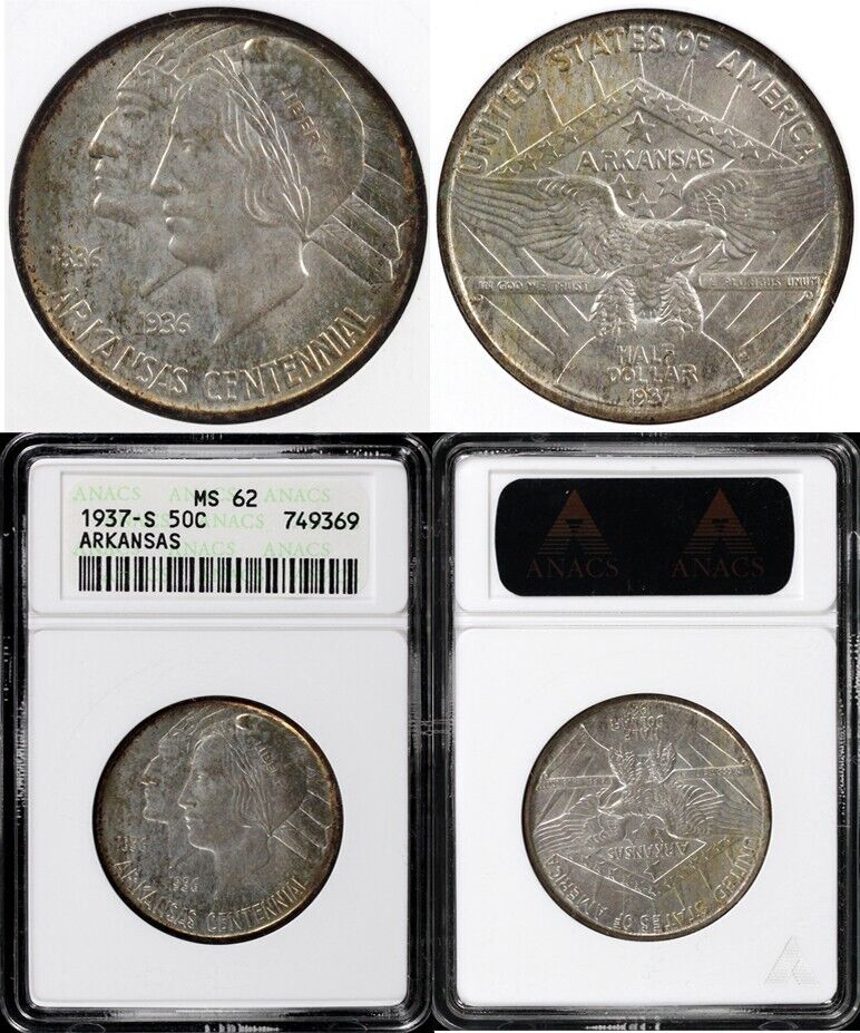1937-S 50c Arkansas Silver Commemorative Half Dollar ANACS MS 62