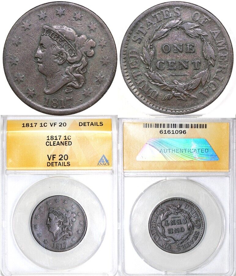 1817 1c N-1 Coronet or Matron Head Large Cent ANACS VF 20 Details Cleaned