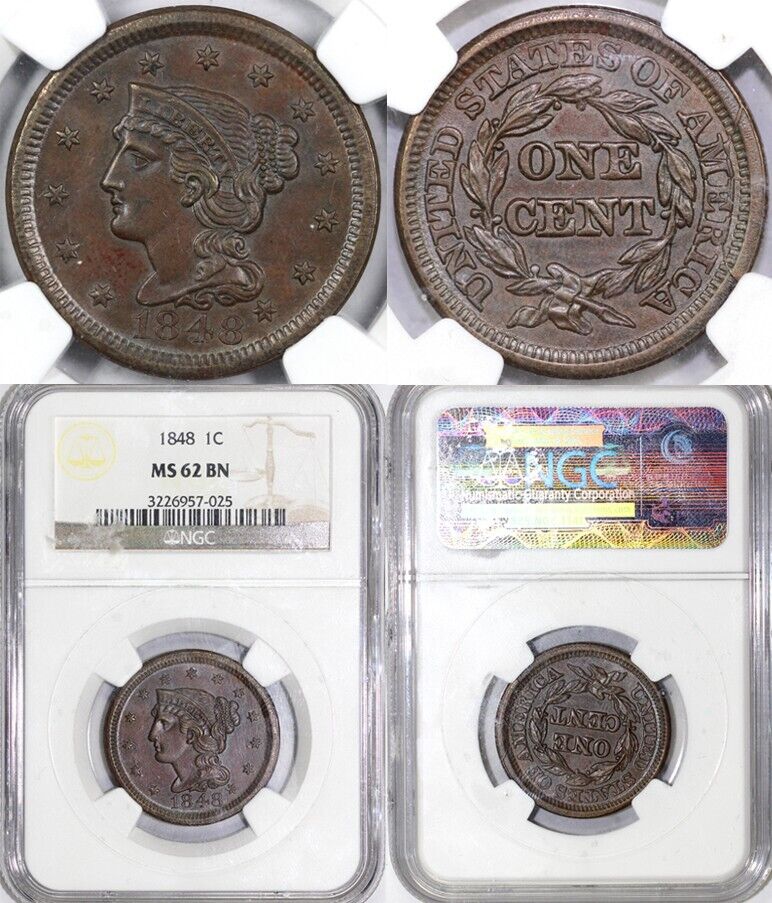 1848 1c N-24 Braided Hair Large Cent NGC MS 62
