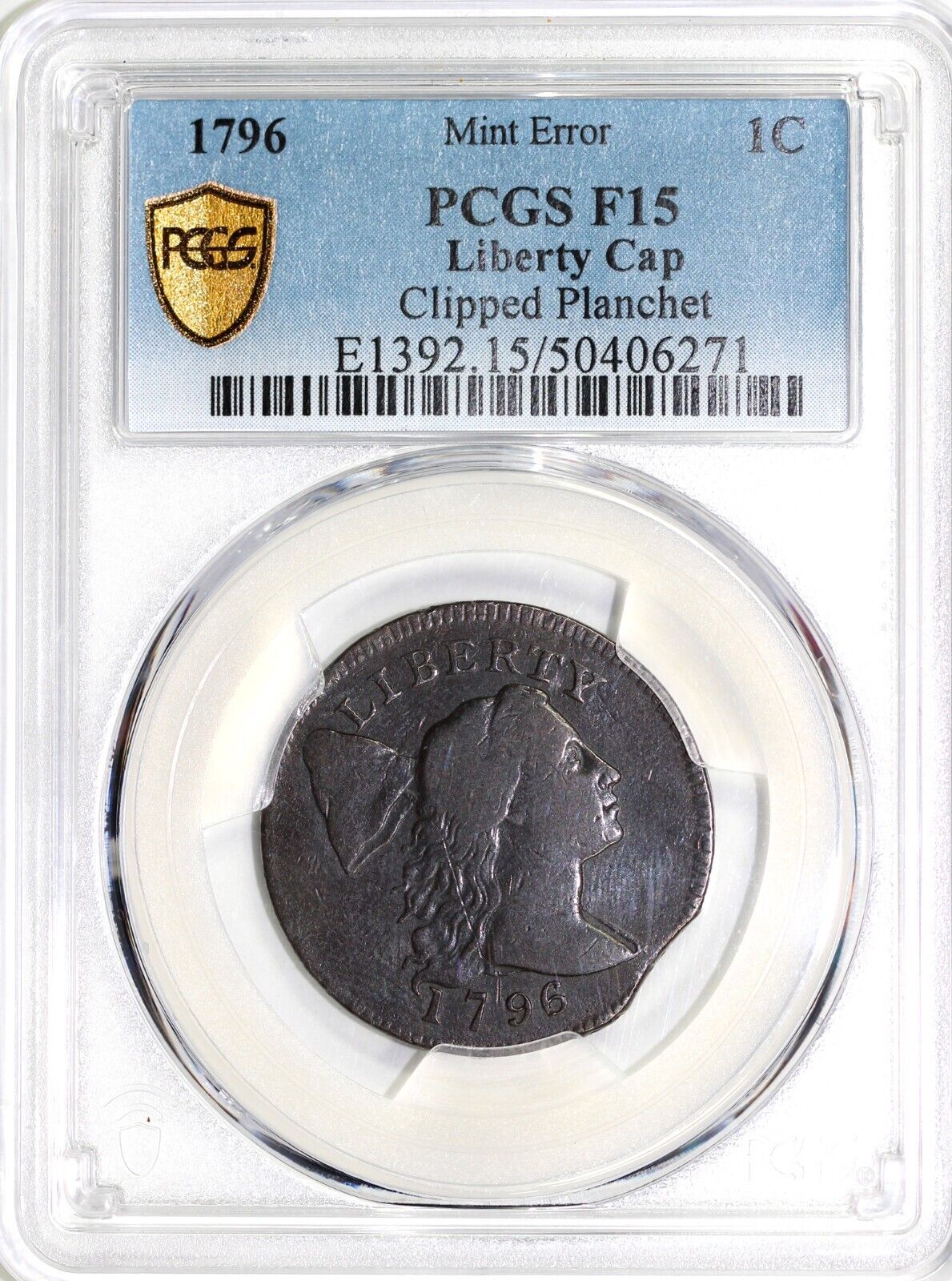 1796 1c Mint Error Clipped Planchet Liberty Cap Large Cent PCGS F 15