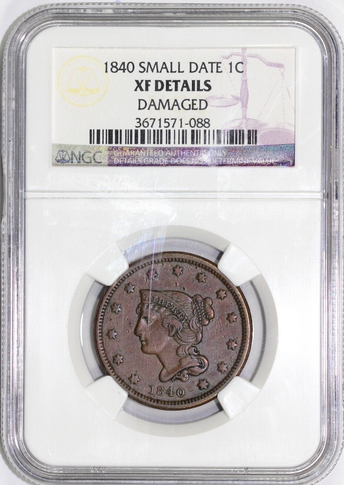 1840 1c N-3 Small Date Braided Hair Large Cent NGC XF Details Damaged
