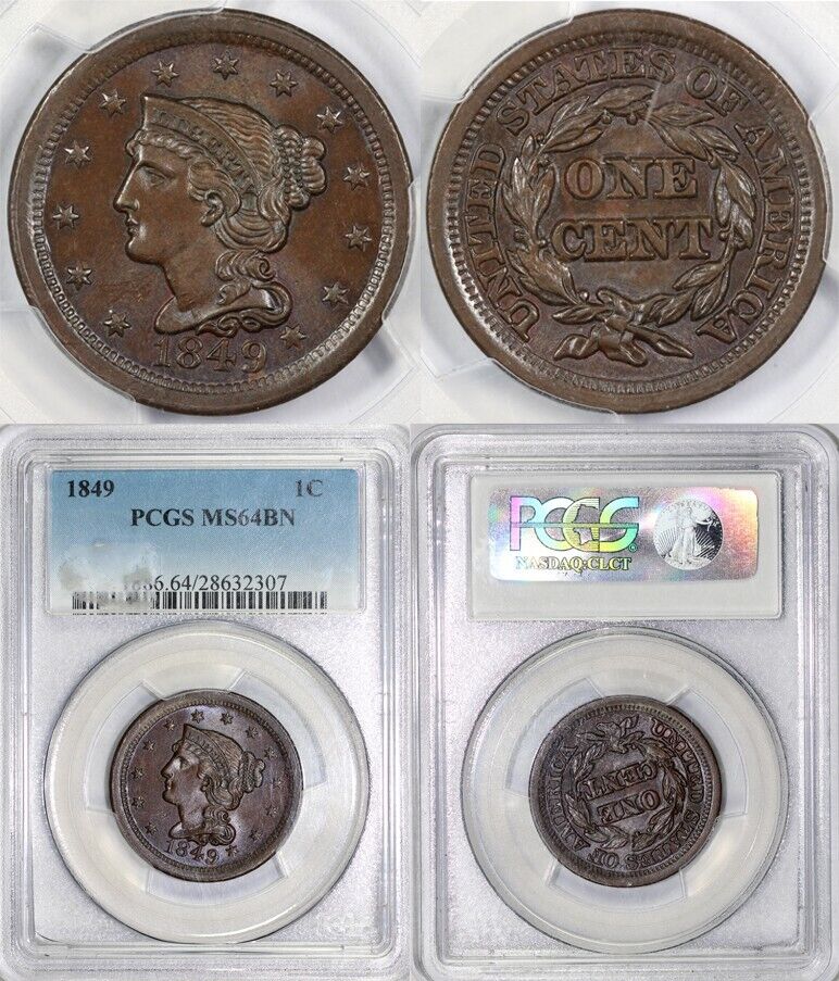 1849 1c Braided Hair Large Cent PCGS MS 64 BN