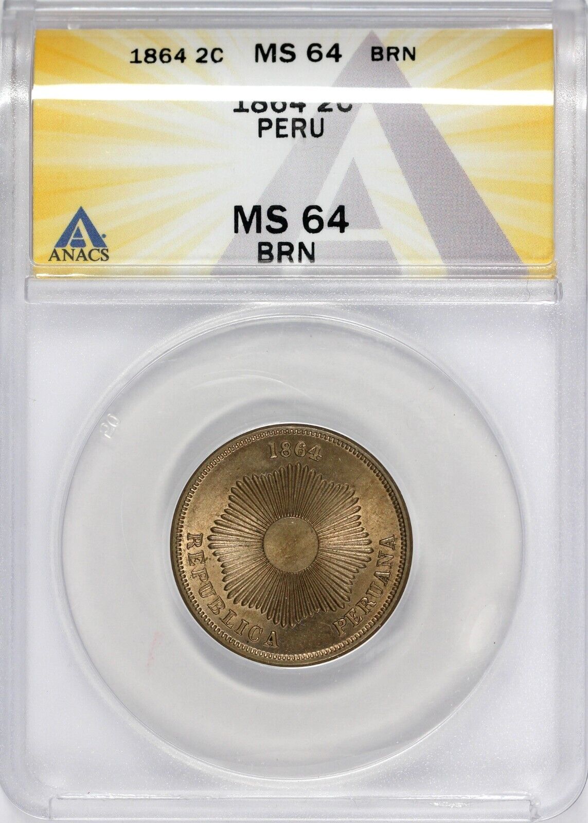 1864 2c Republic of Peru Two Centavos ANACS MS 64