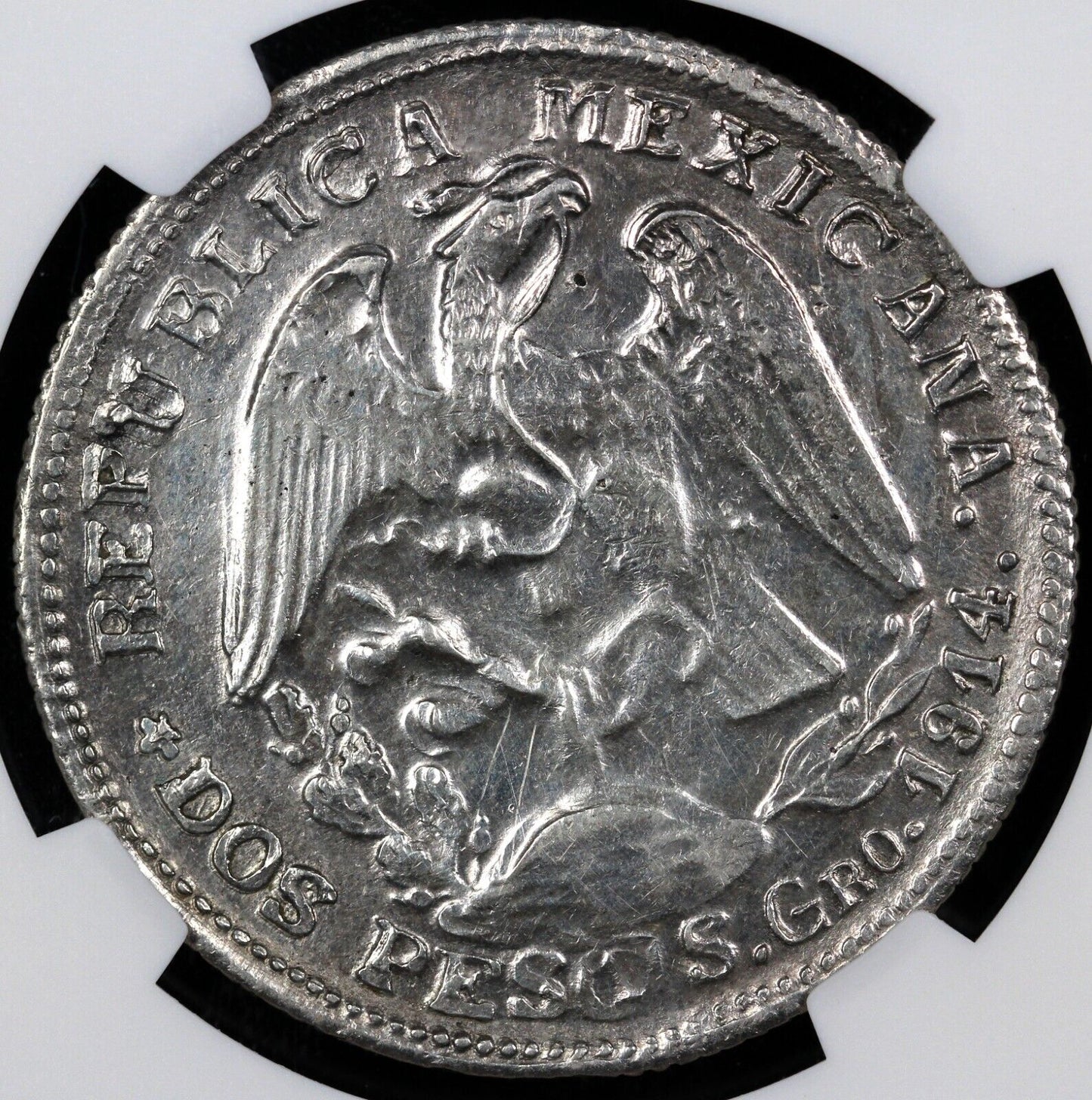 1914-Gro Mexico Guerrero Silver 2 Peso NGC UNC Details Hairlines