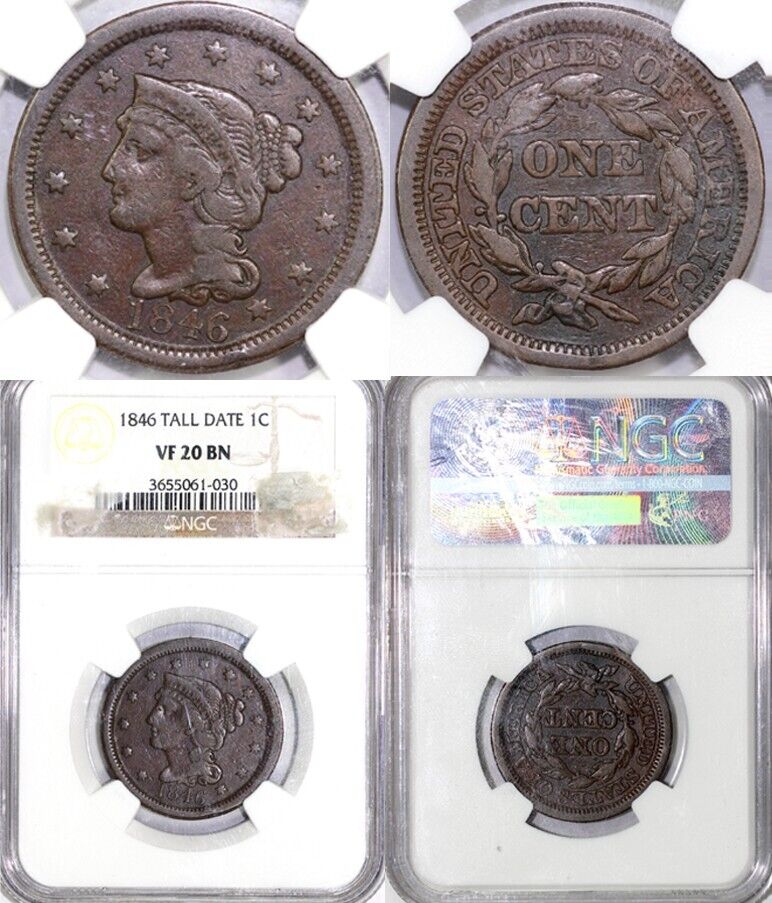 1846 1c Tall Date N-25 Braided Hair Large Cent NGC VF 20 BN