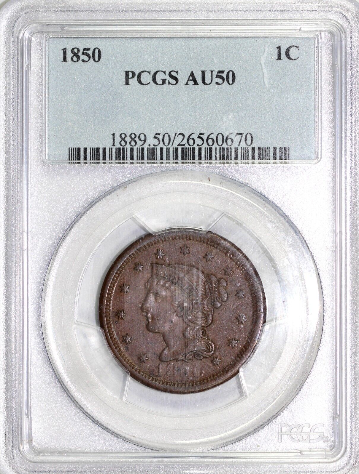 1850 1c N-24 Braided Hair Large Cent PCGS AU 50