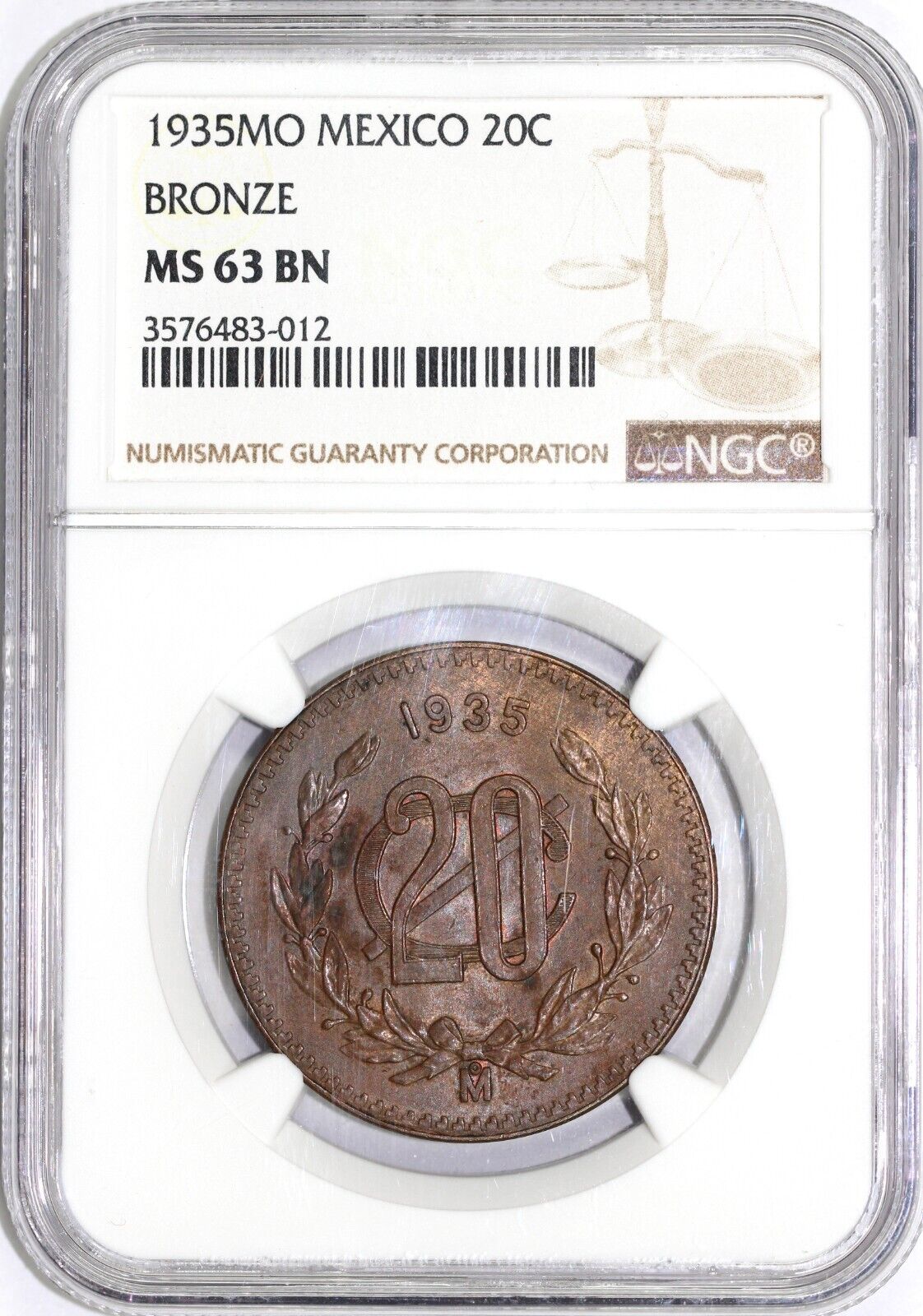 1935 20c Mexico Twenty Centavos NGC MS 63 BN