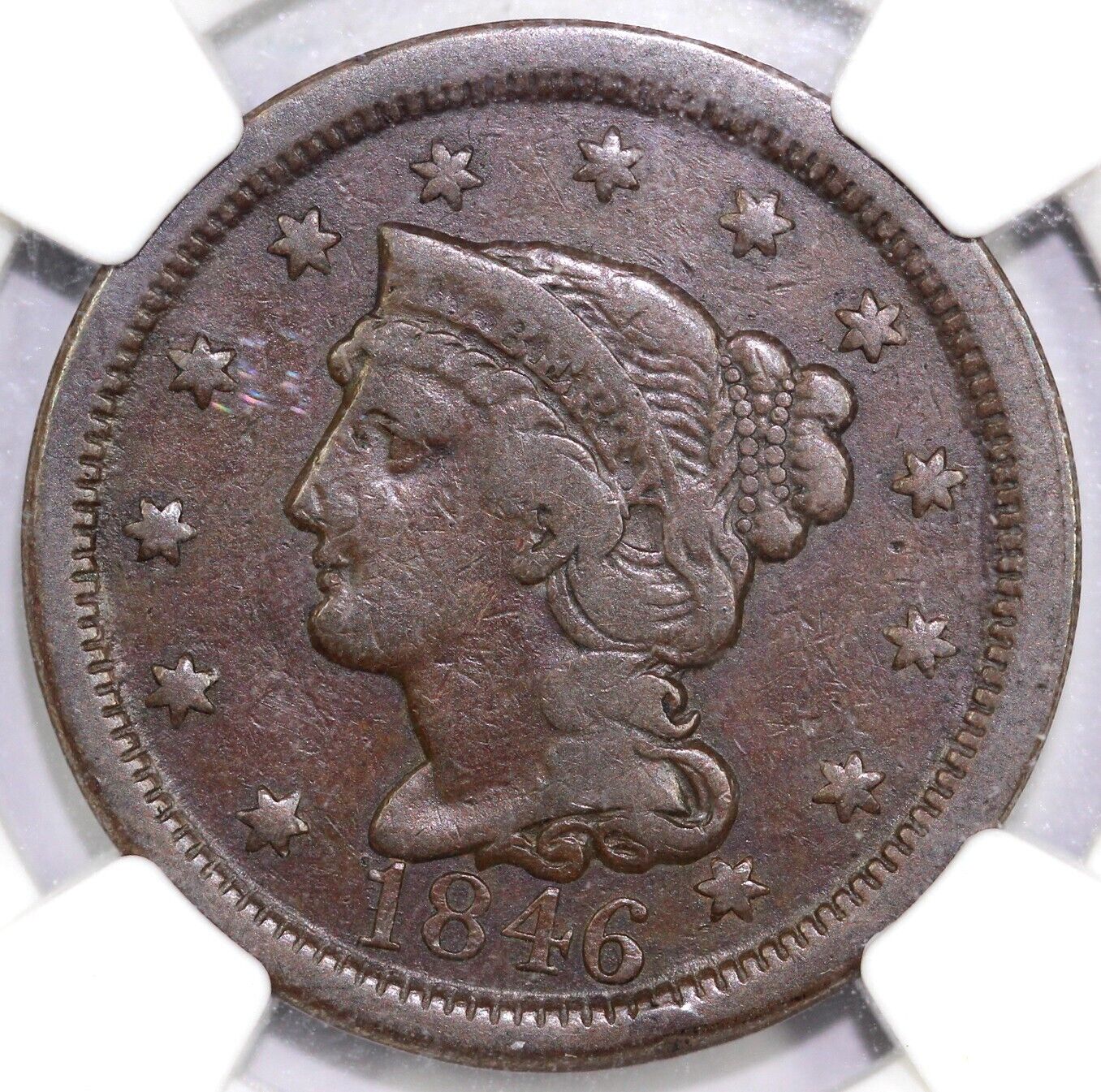 1846 1c Tall Date N-25 Braided Hair Large Cent NGC VF 20 BN