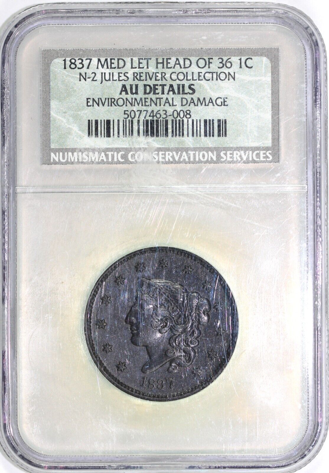 1837 1c N-2 Medium Letters Matron Head Large Cent NGC AU Details EX: Reiver