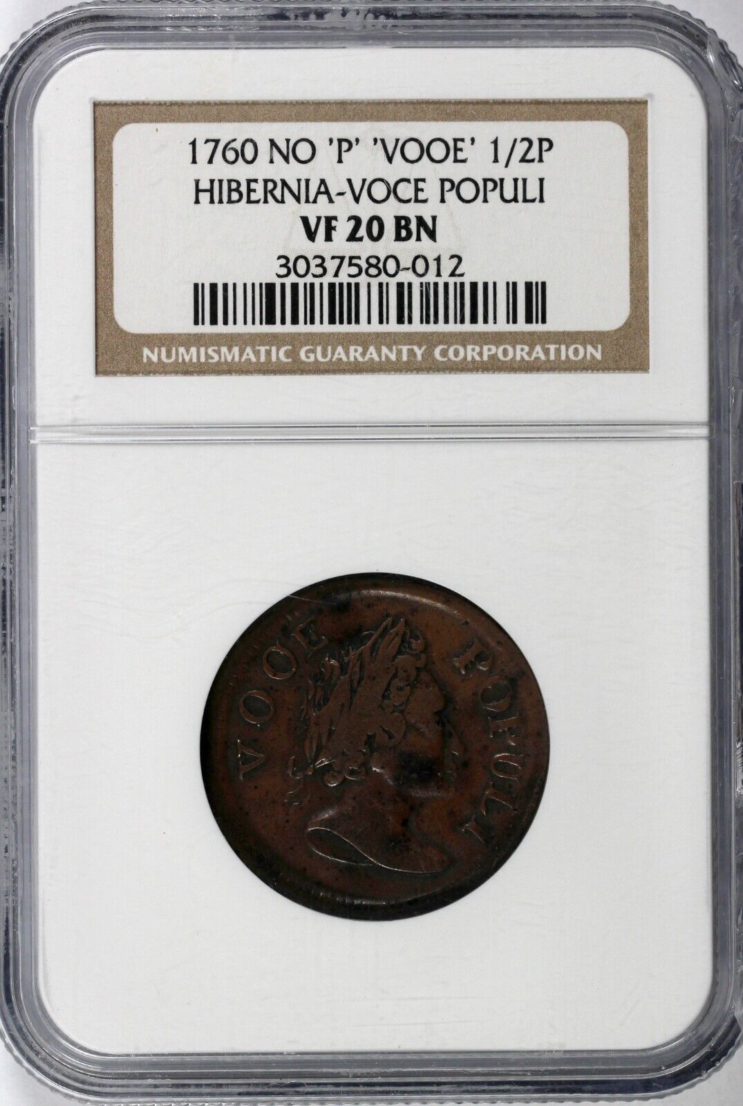 1760 1/2p No P, VOOE, Hibernia Voce Populi Colonial Half Penny NGC VF 20