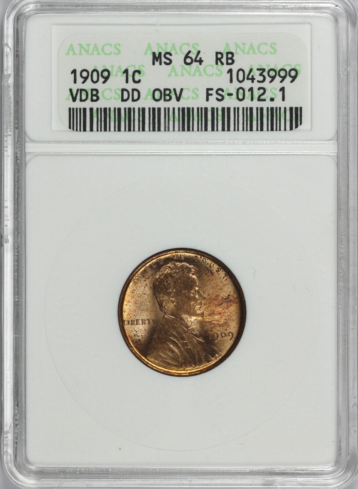 1909 1c FS-012.1 Doubled Die Obverse VDB Lincoln Cent ANACS MS 64 RB