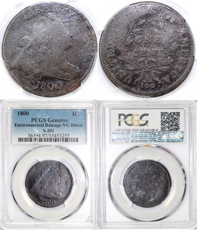 1800 1c S-202 Draped Bust Large Cent PCGS VG Details Env Damage