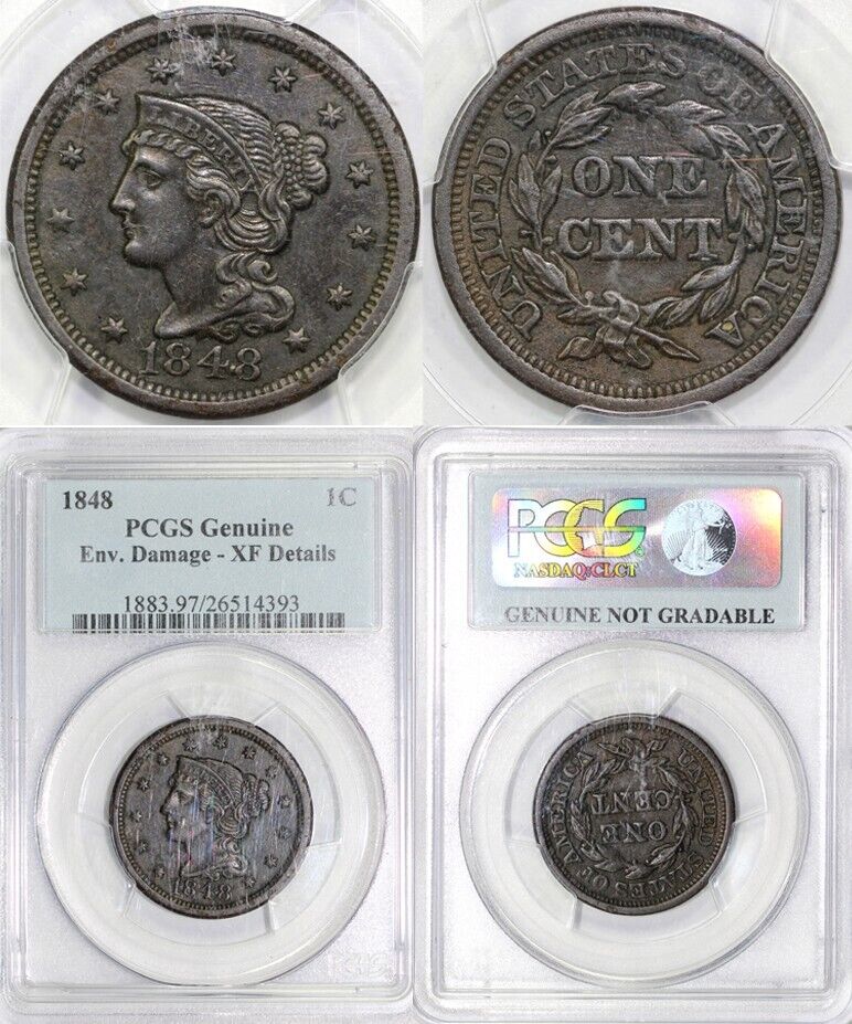1848 1c N-38 Braided Hair Large Cent PCGS XF Details Env. Damage