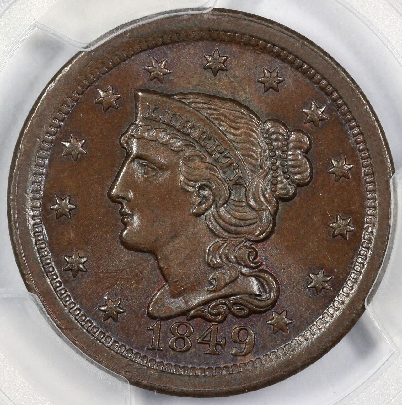 1849 1c Braided Hair Large Cent PCGS MS 64 BN