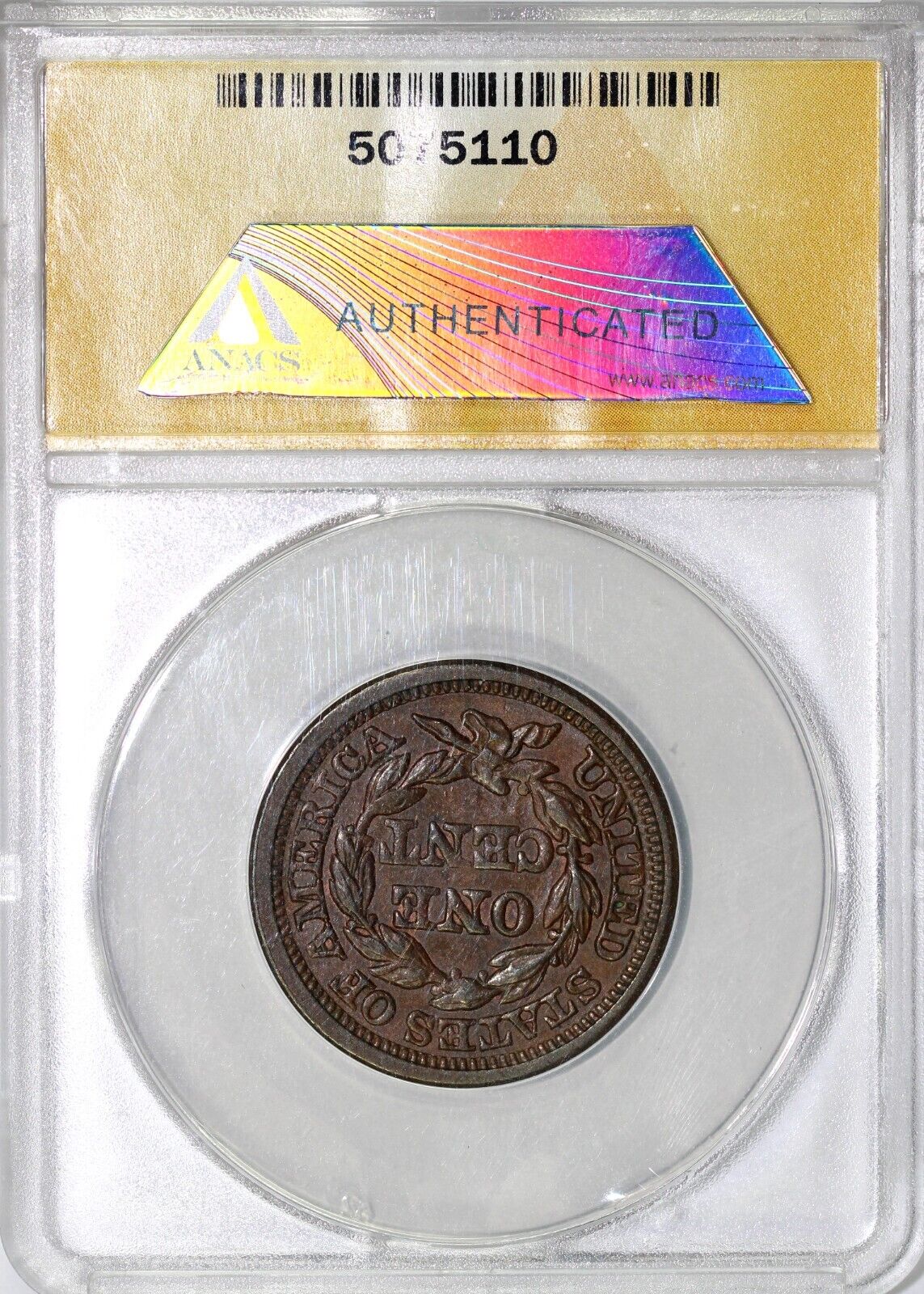 1848 1c N-6 Braided Hair Large Cent ANACS AU 55
