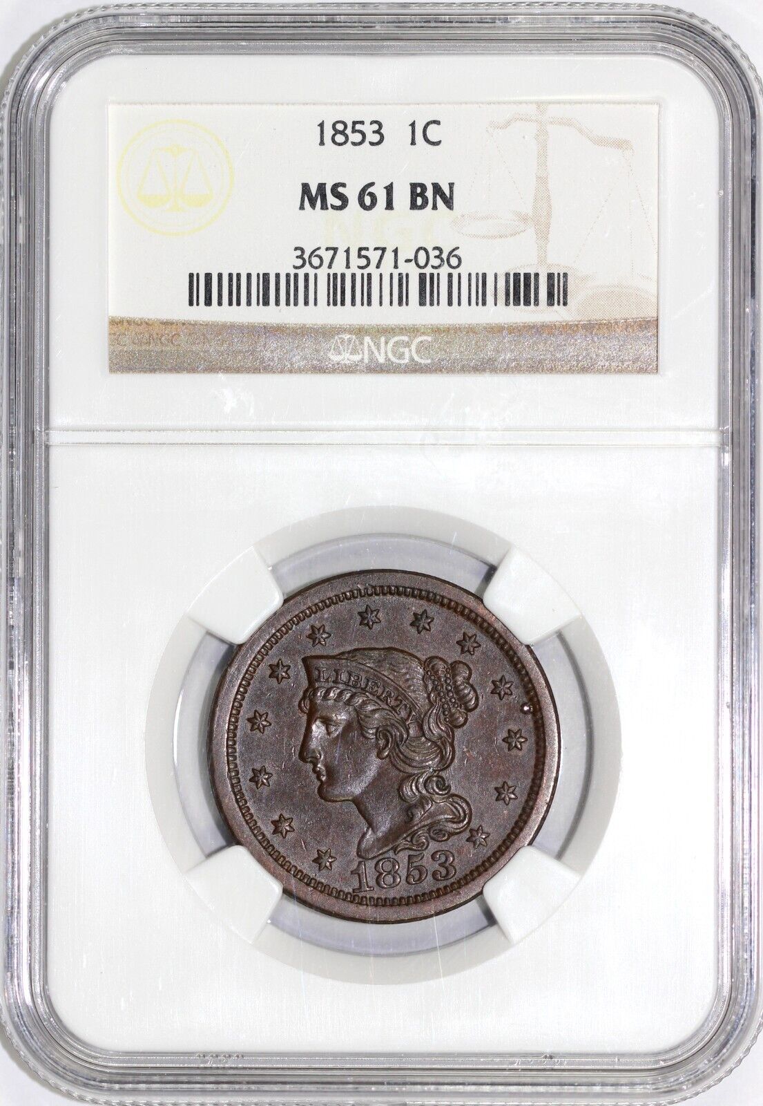 1853 1c N-24 Braided Hair Large Cent NGC MS 61