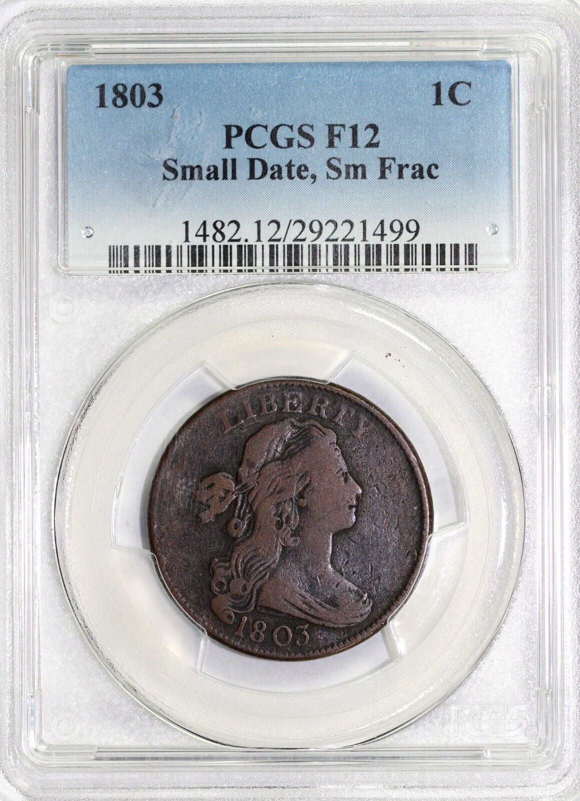 1803 1c S-262 Small Date Small Frac Draped Bust Large Cent PCGS F 12