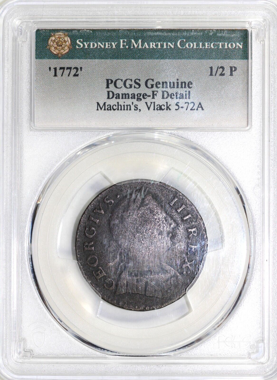 1772 1/2p Vlack 5-72a Machin's Mills Colonial Copper PCGS F Detail EX; Martin