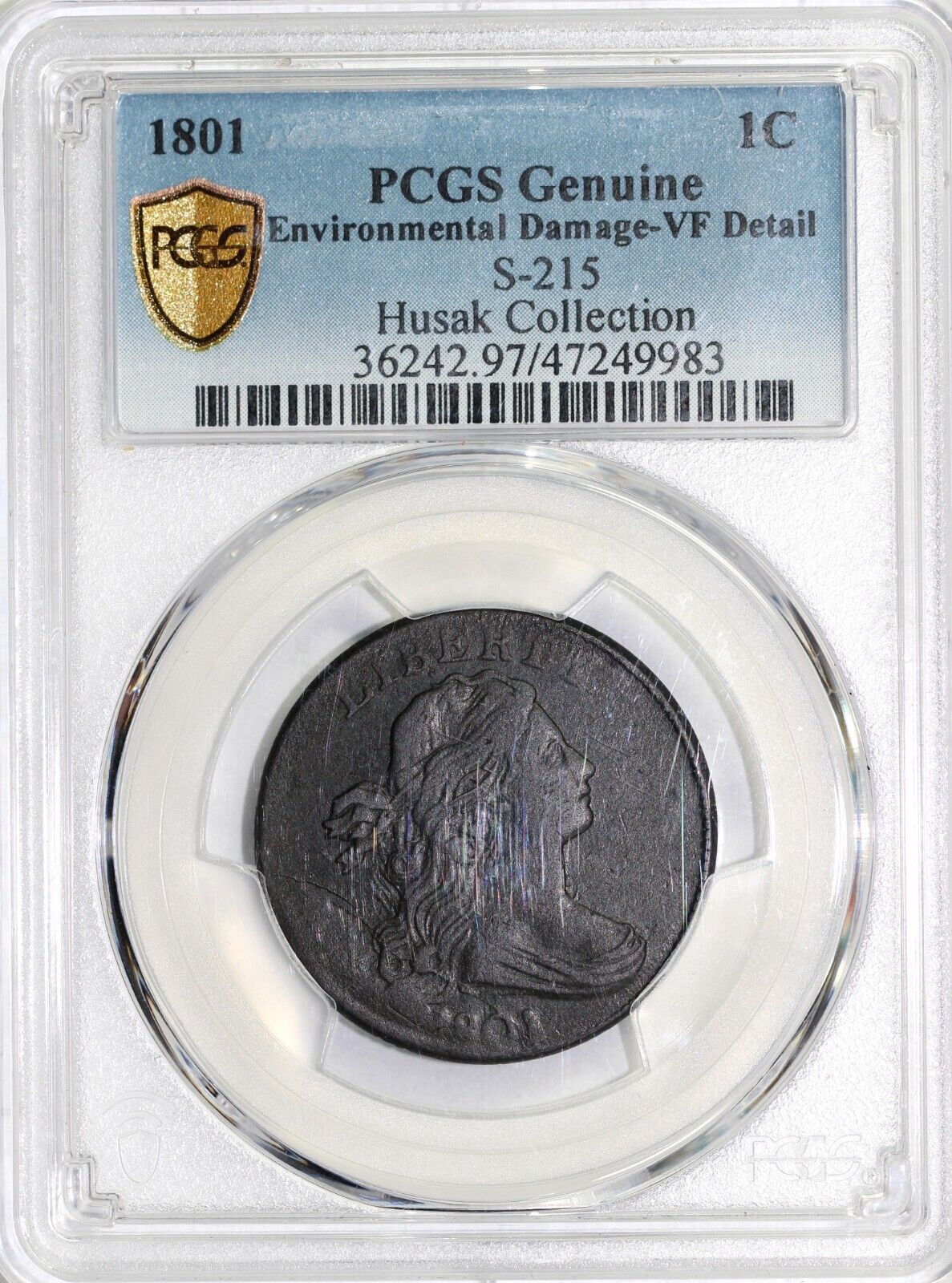 1801 1c S-215 Draped Bust Large Cent PCGS VF Detail Env. Damage EX; Husak