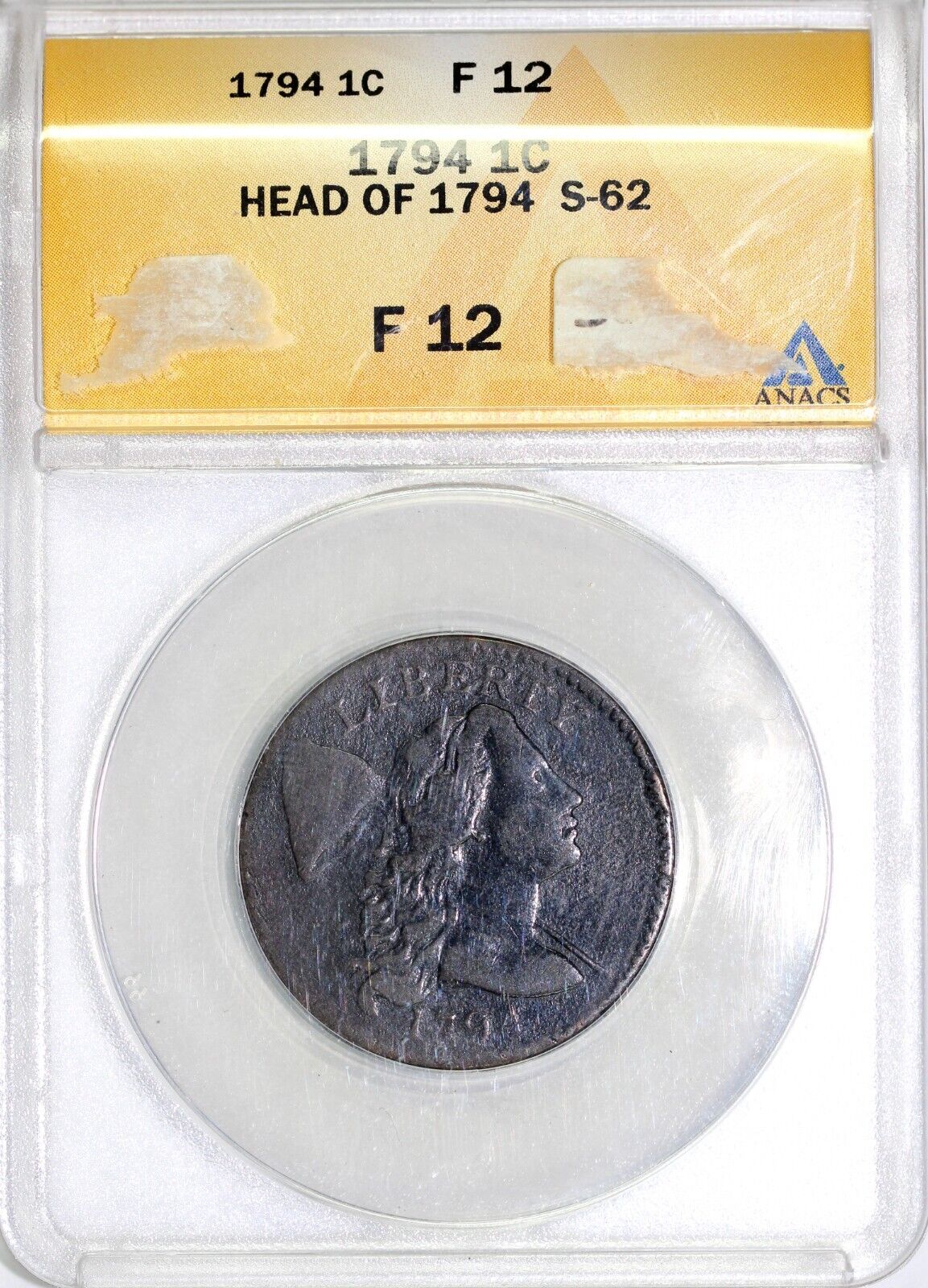 1794 1c Head of 1794 S-62 Liberty Cap Large Cent ANACS F 12