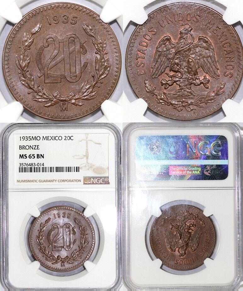 1935 20c Mexico Twenty Centavos NGC MS 65 BN