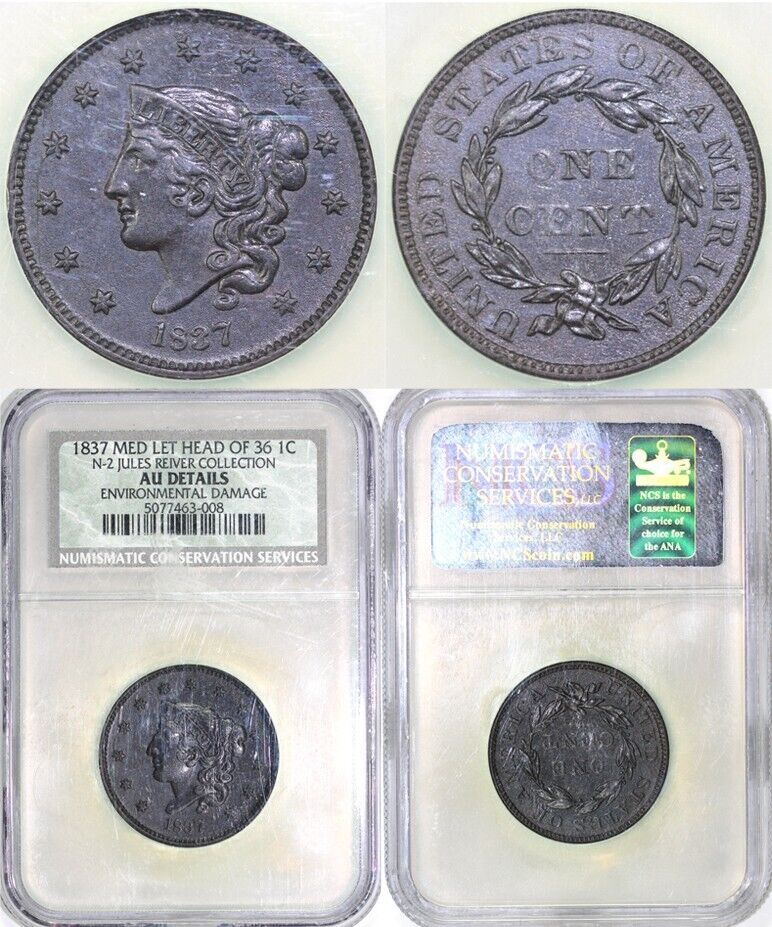 1837 1c N-2 Medium Letters Matron Head Large Cent NGC AU Details EX: Reiver
