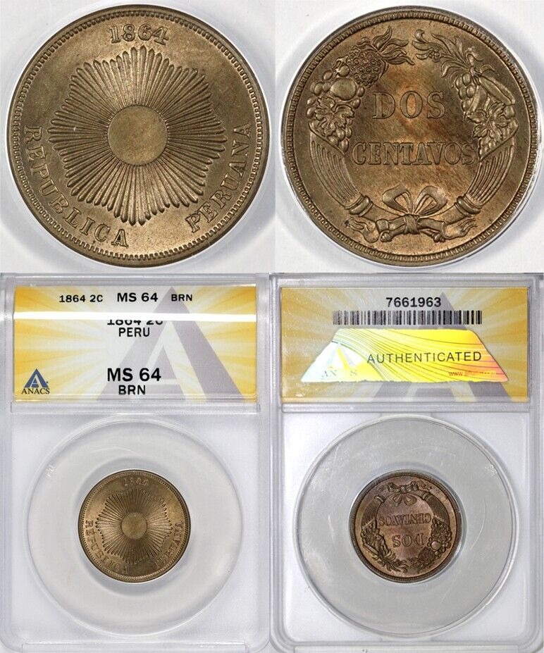 1864 2c Republic of Peru Two Centavos ANACS MS 64