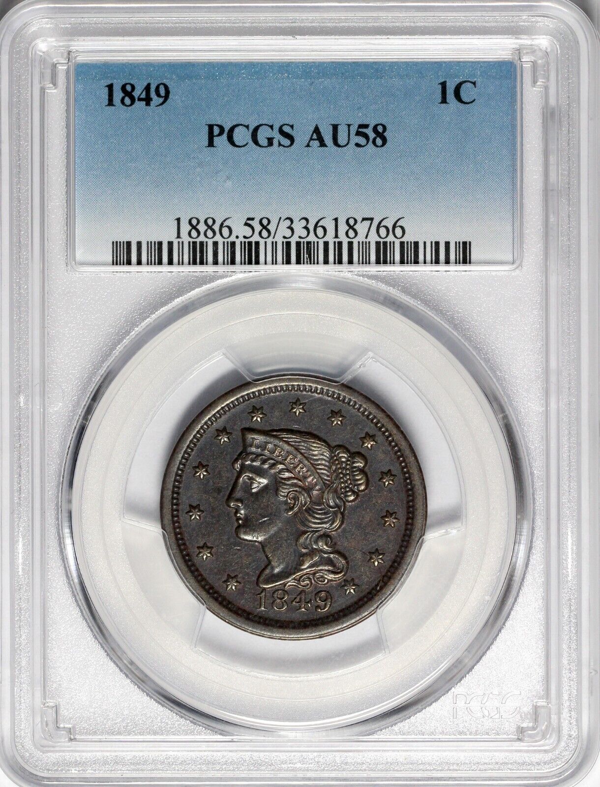 1849 1c Braided Hair Large Cent PCGS AU 58